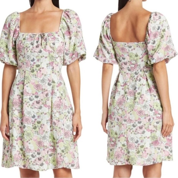 BCBGeneration Women's Floral Puff Sleeve Fit & Flare Dress with Pockets - Picture 1 of 8